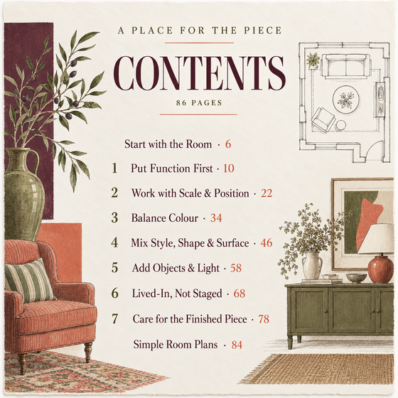Contents pages showing the chapters and page count of A Place for the Piece.